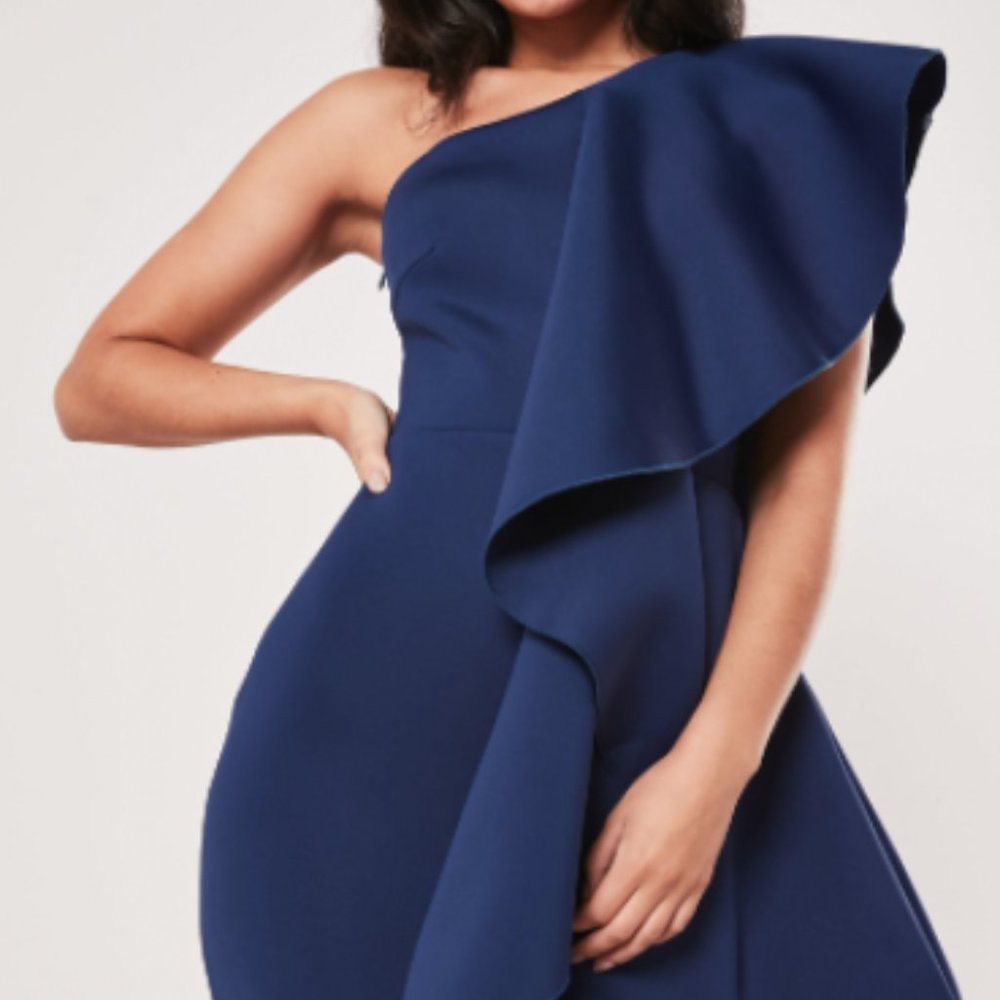 Missguided scuba ruffle one shoulder midi dress